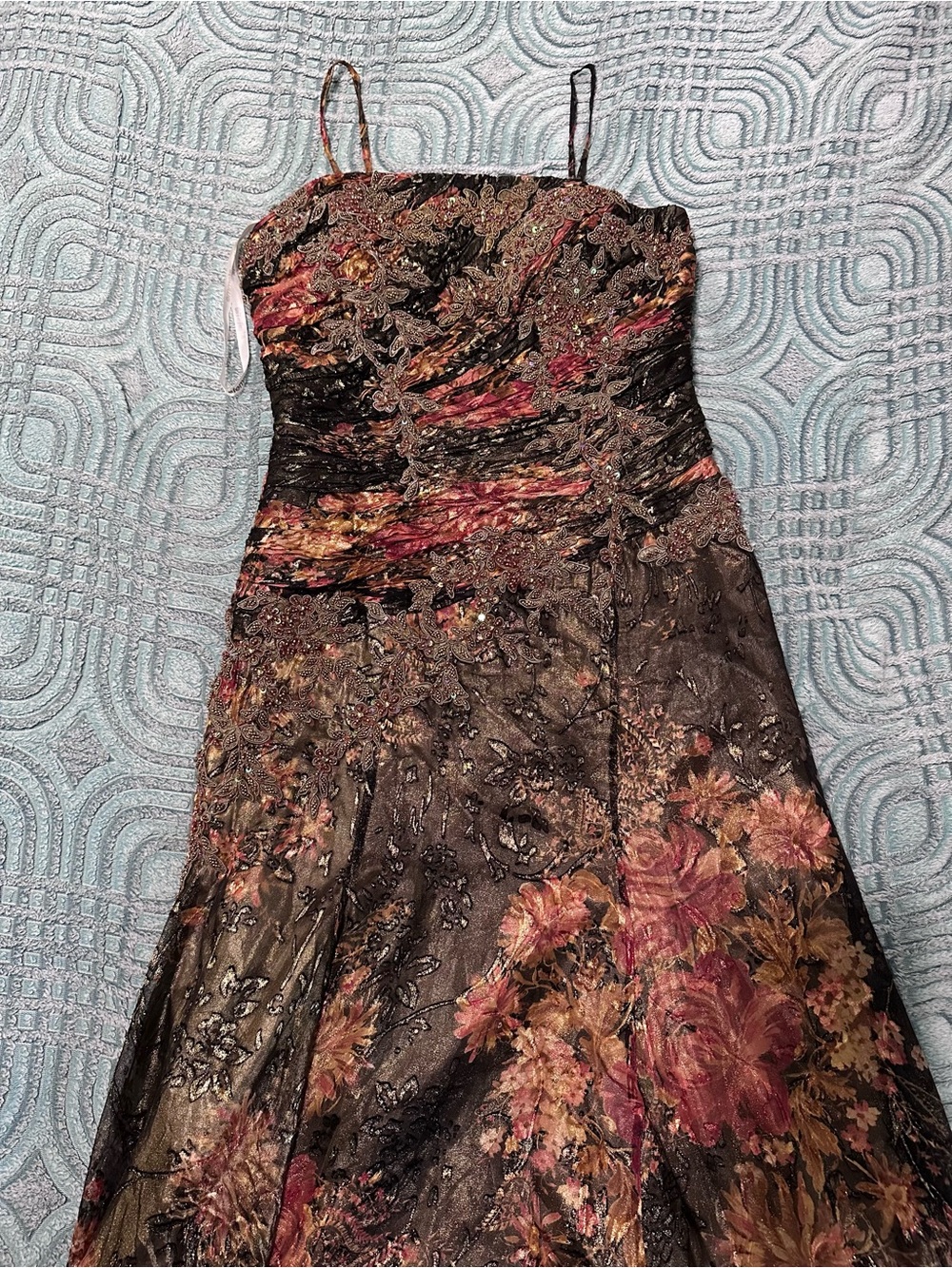 100% Soll Floral Embroidered Spaghetti-Strap Evening Dress - Brown & Rose